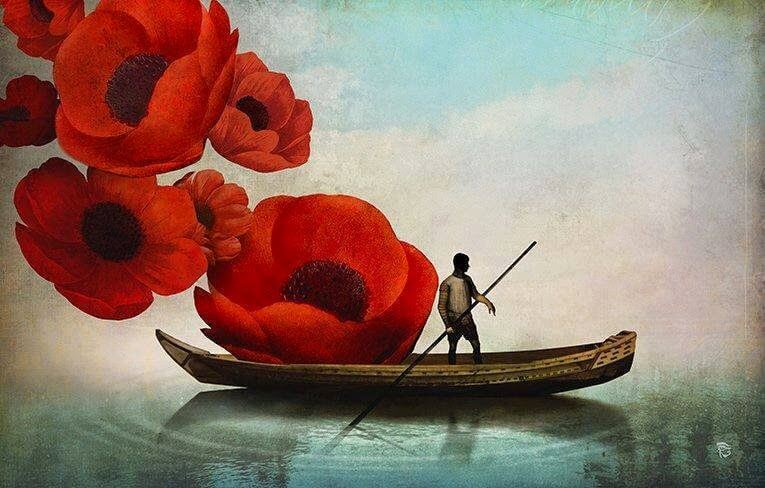 barco con flores rojas representando el pasado