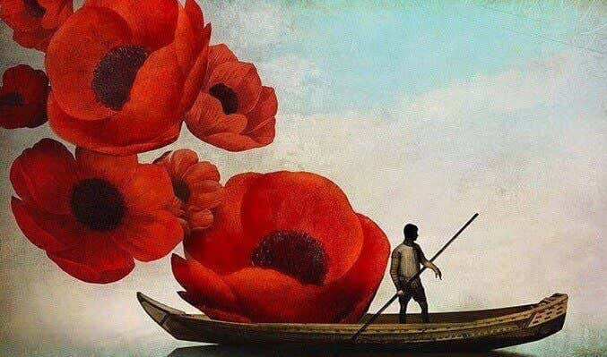 Hombre navegando entre flores