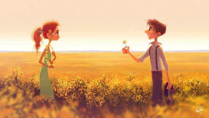 hombre ofreciendo flor a una chica simbolizando el cariñp que siempre permanece