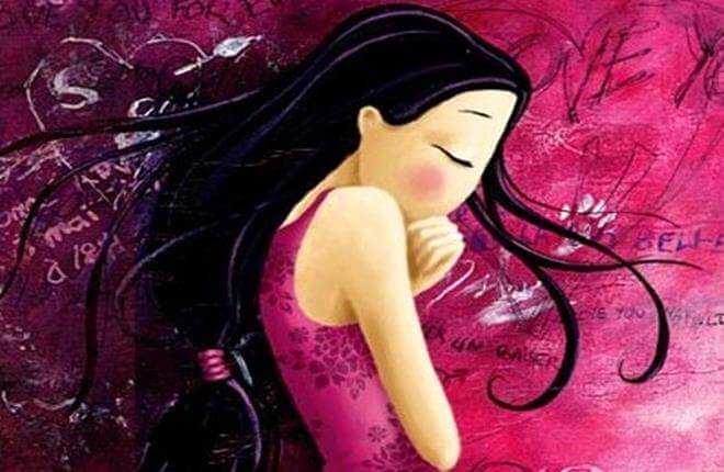 Joven con vestido rosa encogida