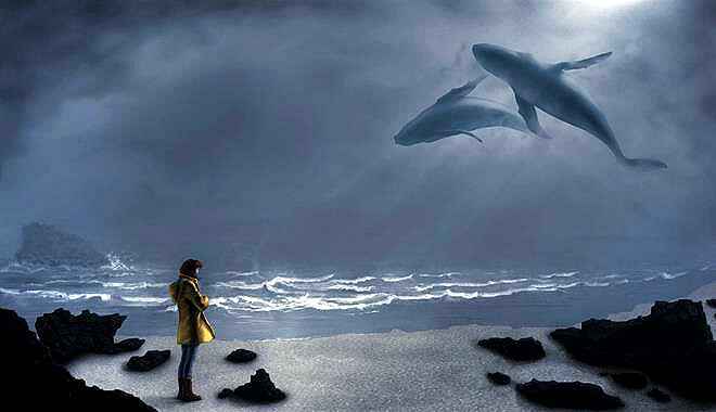 joven mirando un cielo con ballenas