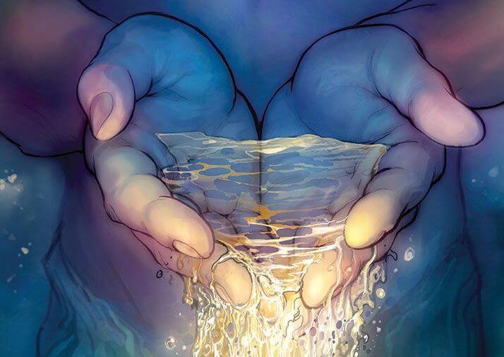 manos con agua brillante