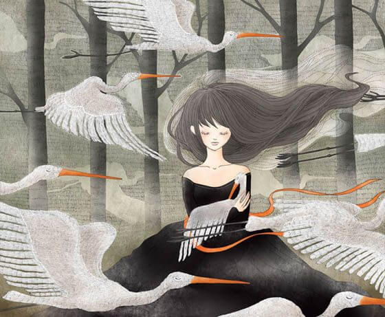 mujer con grullas blanca haciendo planes sobre su vida