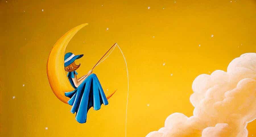 mujer pescando la luna sobre fondo amarillo representando el tiempo que esperé