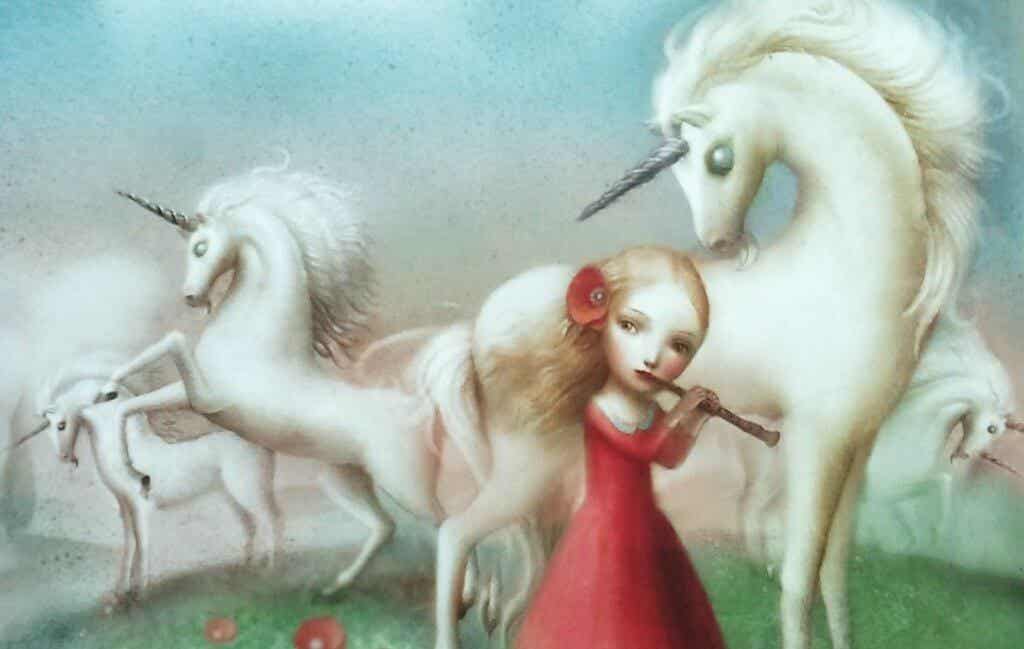 Niña con unicornio tocando la flauta