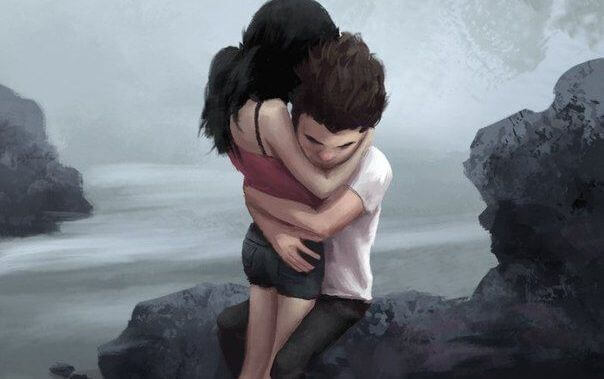 Preja abrazada feliz