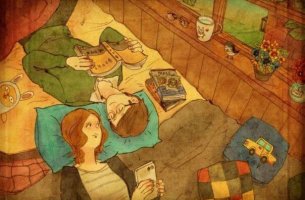Pareja leyendo juntos en la cama