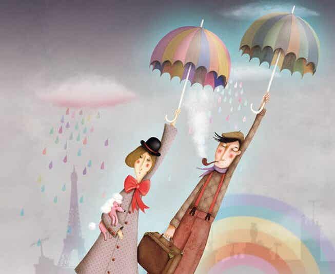 pareja volando con paraguas buscando la luz del sol