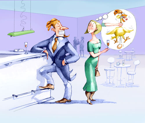 Hombre intentando seducir a una mujer mientras ella piensa que no le gusta