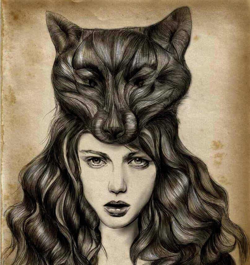 Mujer con el pelo en forma de cabeza de lobo