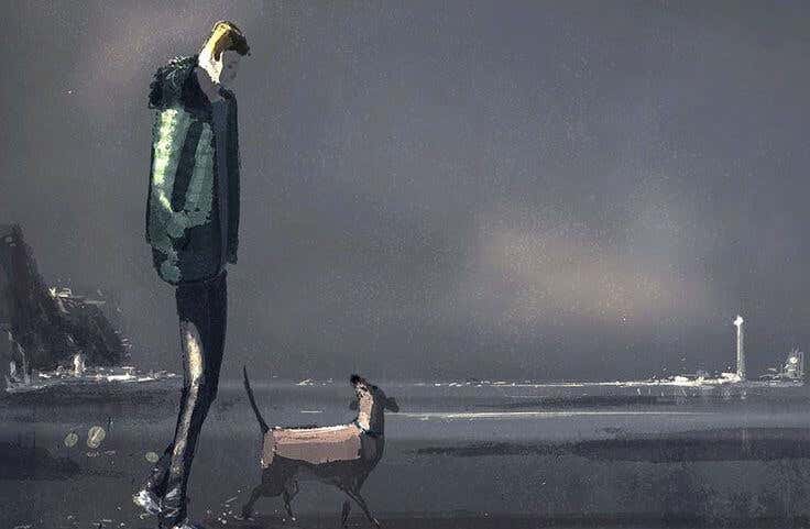 Hombre paseando con perro recordando su infancia