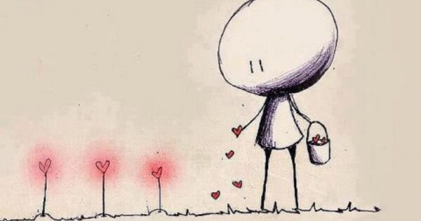 Hombre regando corazones