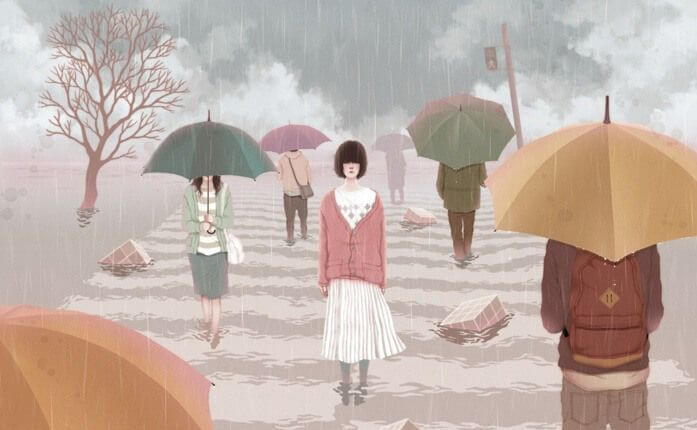 joven cruzando un paso de cebra entre la lluvia