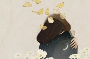 joven fundida en un abrazo con mariposas en la cabeza