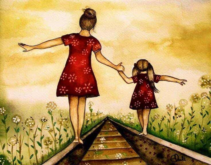 Madre e hija caminando por las vías del tren