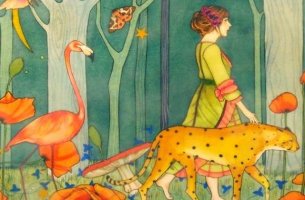 mujer caminando rodeada de animales