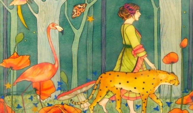 mujer caminando rodeada de animales