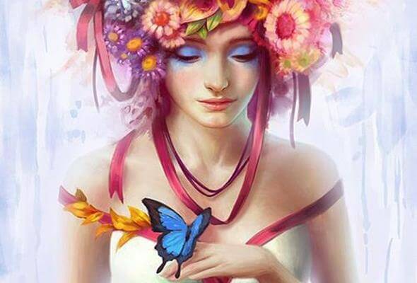 mujer con una mariposa azul