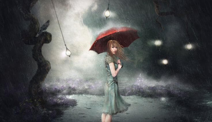 femme au parapluie rouge