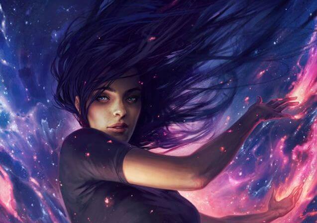 Mujer envuelta en fuegos azules y rosados