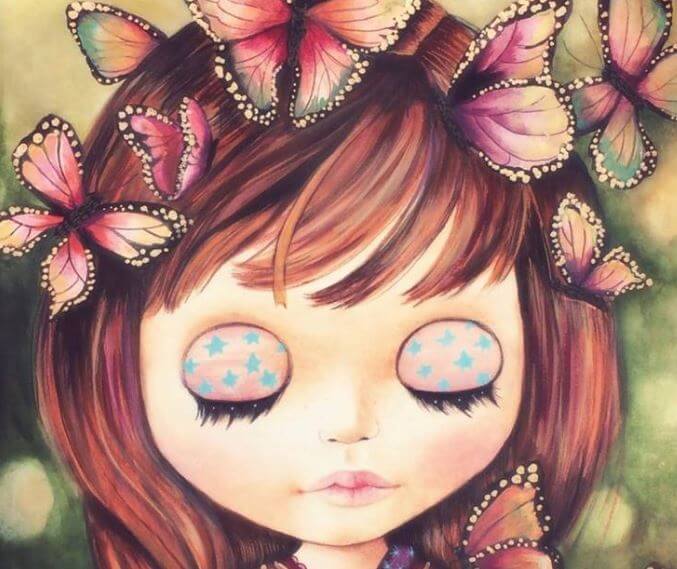 Niña con mariposas alrededor y los ojos cerados