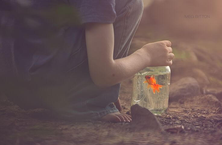 niño tapando un frasco de cristal con un pez dentro representando los valores del cariño