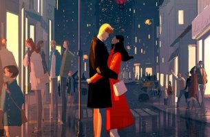 Pareja abrazada en la calle de una ciudad