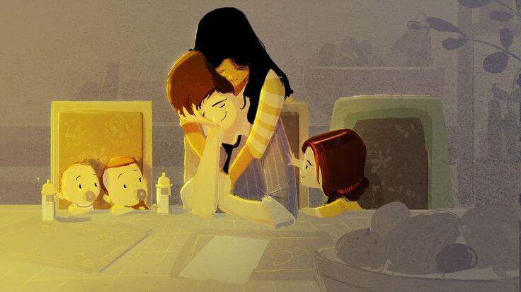 pareja con tres hijos pequeños cocinando