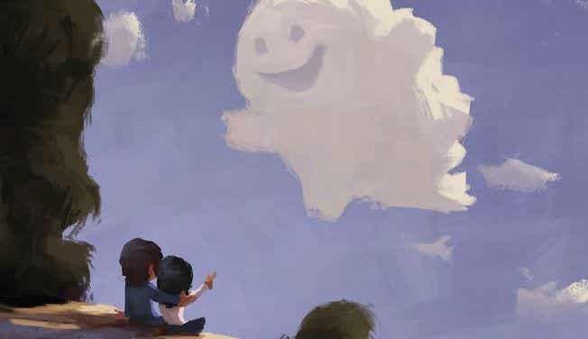 pareja frente a una nube sonriente