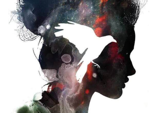 Perfil femenino con pájaro en el centro