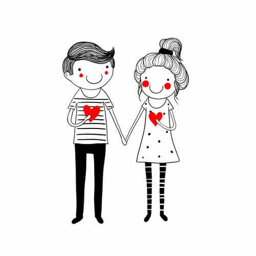 Dibujo de una pareja con corazones rojos
