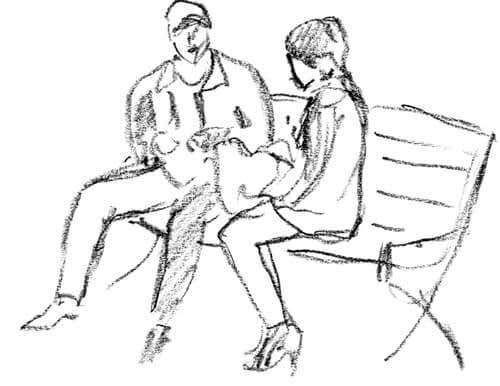 Dibujo de una pareja sentada en un banco representando el test de psicología de la pareja