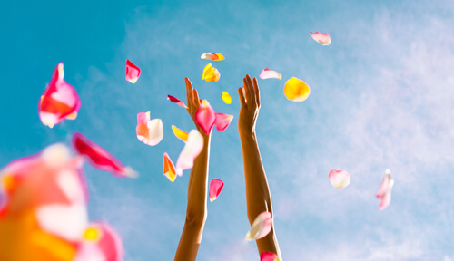 Manos en alto tirando pétalos de flores