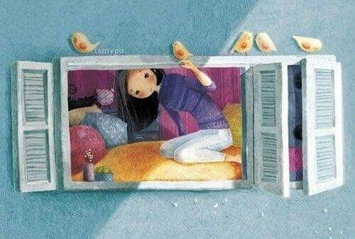 Chica asomada a una ventana buscando el equilibrio