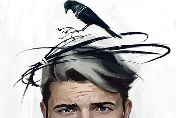 homme avec un oiseau sur la tête représentant la mauvaise humeur