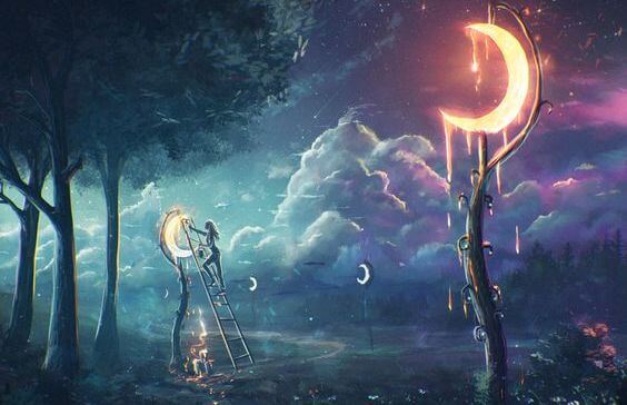 mujer colgando lunas en árboles