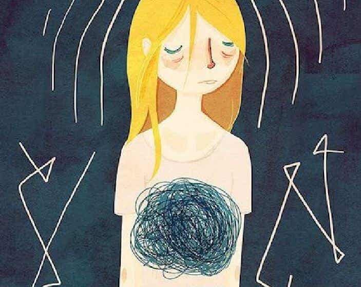 Mujer triste con un garabato en su estómago como símbolo de ansiedad