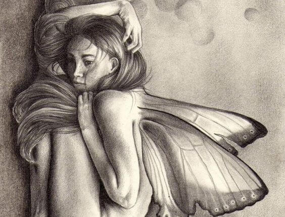 mujer encogida con mariposas