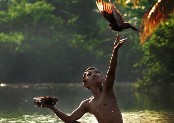 niño soltando una paloma