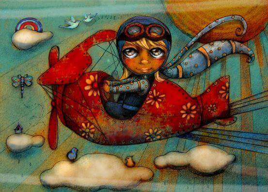 Niña en avioneta roja