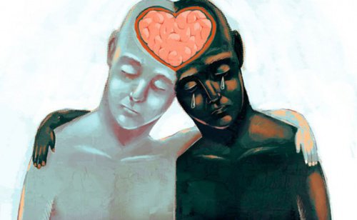 Dos personas unidas por su cerebro en forma de corazón