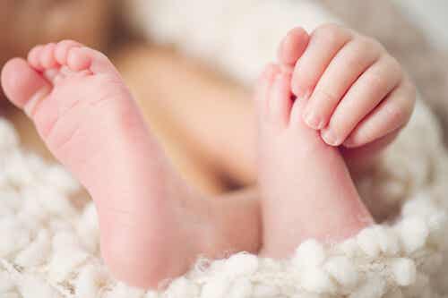Manos de un recién nacido cogiendo sus pies