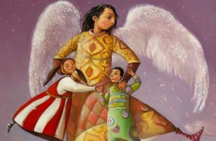 Ángel abrazando a dos niños representando la figura de los tíos