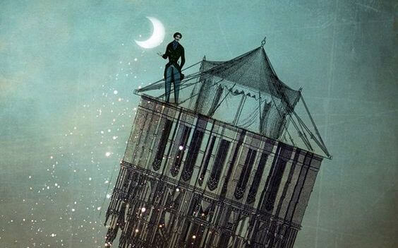 bâtiment volant au-dessus de la lune