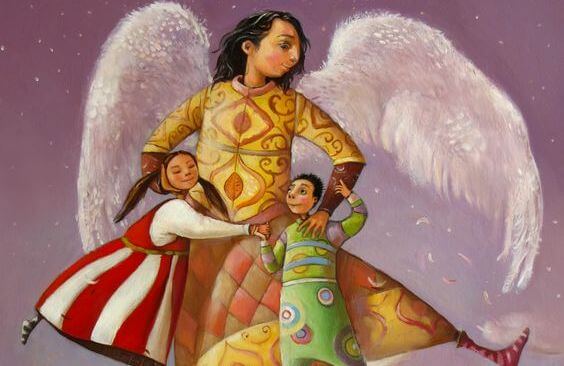 Hombre con alas abrazando a dos niños