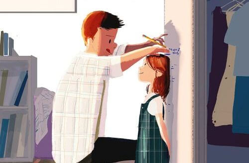 hombre marcando la altura de una niña