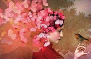 mujer con mariposas en la cabeza sujetando un pájaro