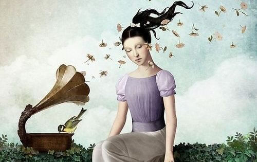 mujer escuchando música y escuchando bellas palabras