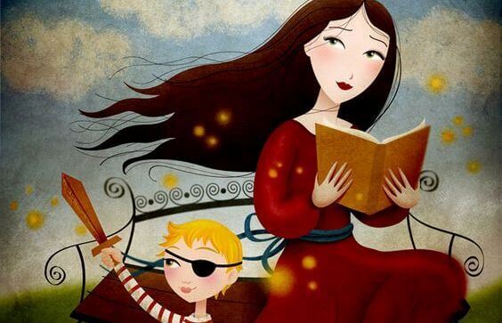 Mujer leyendo un cuento a un niño