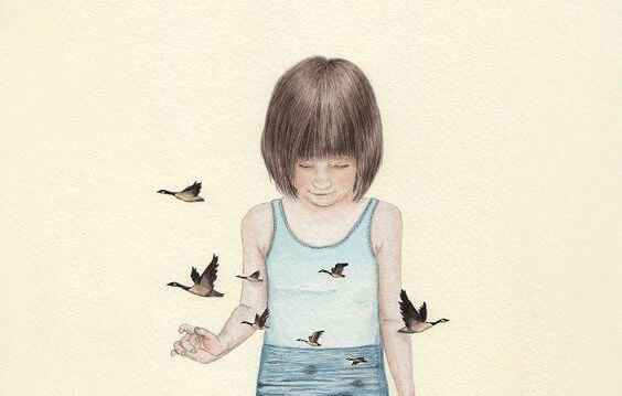 niña rodeada de pájaros